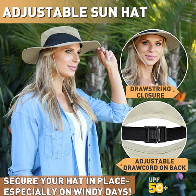 Flyingstar Women's Ponytail Sun Hat for Hiking, Gardening and Safari, Wide Brim Hat For Women with Breathable Mesh and Ponytail Hole Opening, Tan