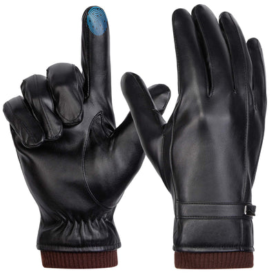 Winter Gloves for Men Windproof Men PU Leather Gloves, Warm Anti-slip Touchscreen Gloves Cold Weather Gloves for Hiking Cycling Skiing Running, Black & L