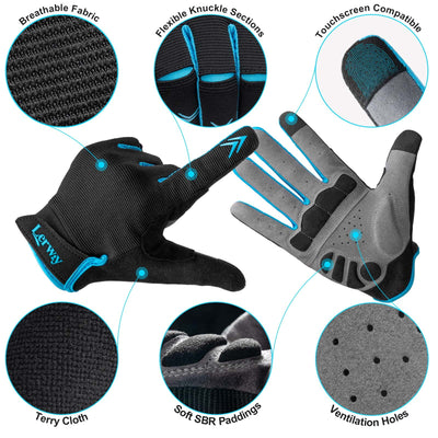 LERWAY Cycling Gloves Bike Gloves, Full Finger Padded MTB Cycling Mitts, Breathable Shock-Absorbing Touchscreen Bicycle Biking BMX Gloves, Blue, M